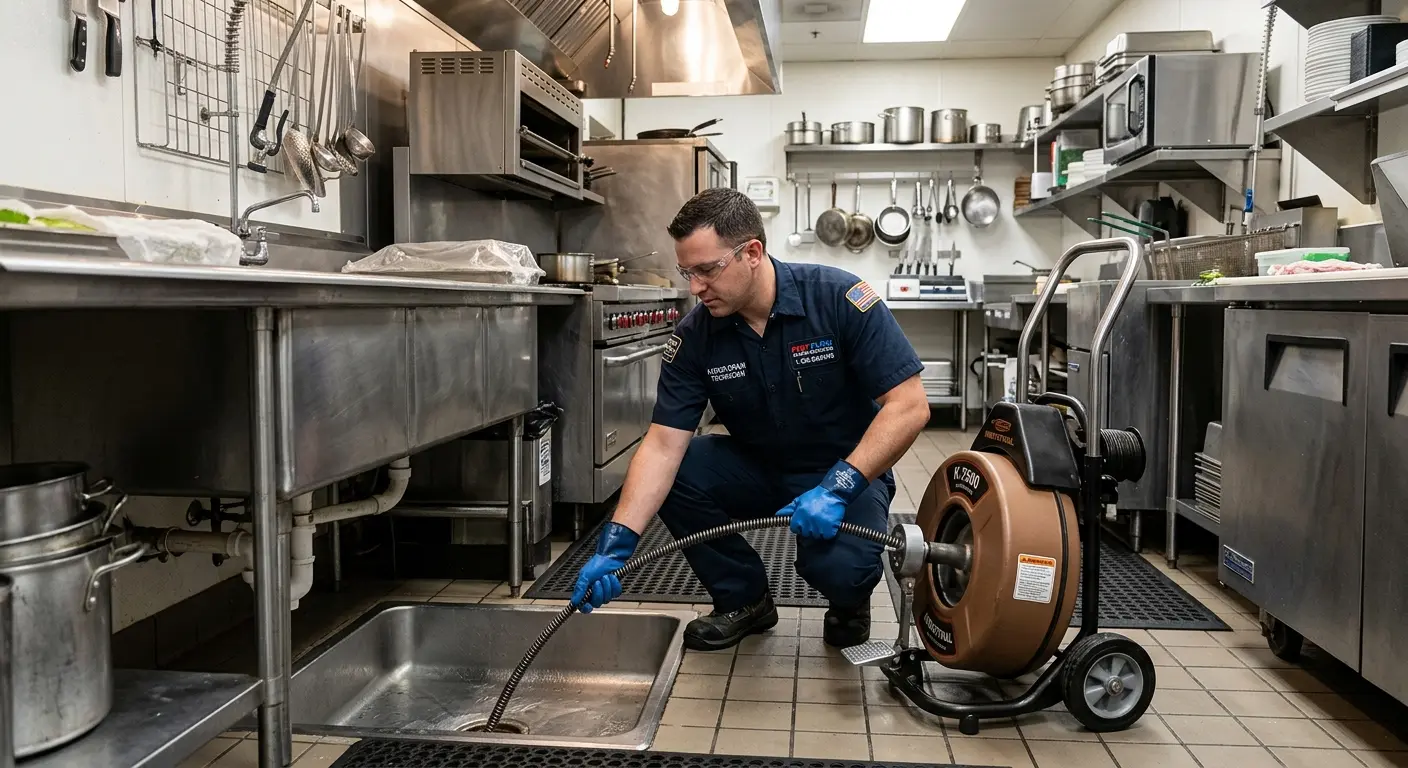 Commercial drain cleaning service in a restaurant kitchen in Opp