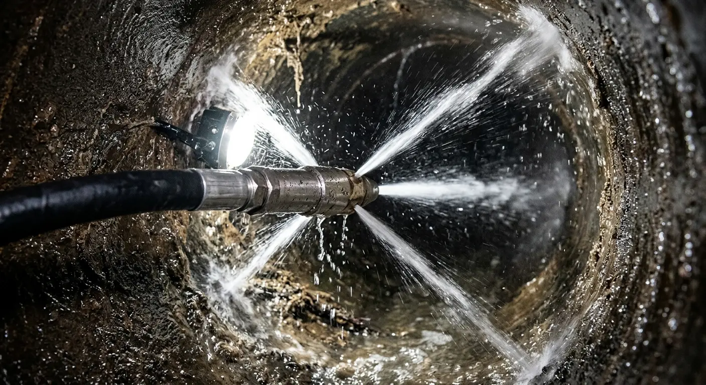 High-pressure hydro jetting nozzle cleaning sewer pipe for Emergency Drain Service in Opp