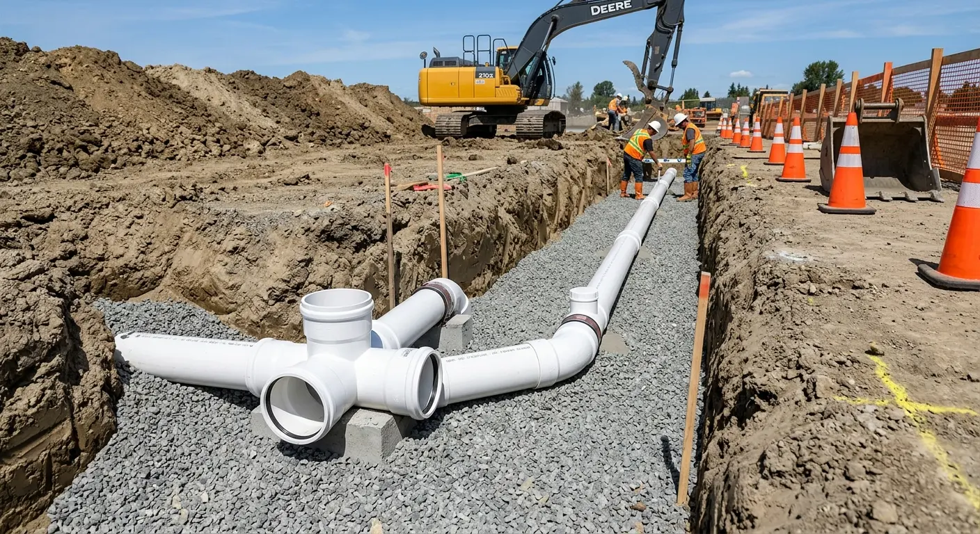 New PVC sewer pipe installation in open trench for Sewer Backup in Opp